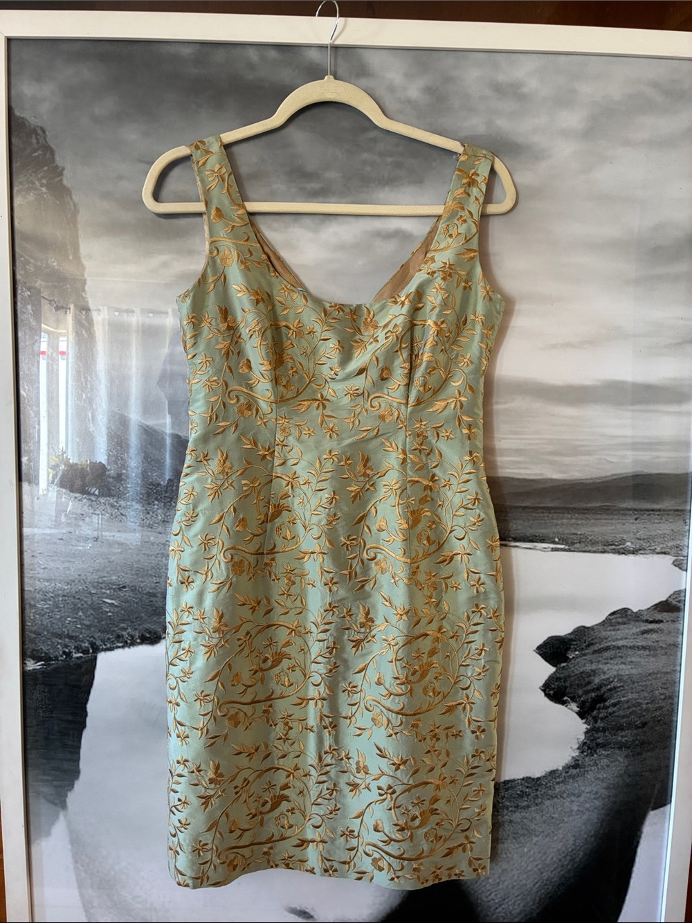 Pamela Barish Sage Green gold floral brocade sheath dress satin lined size 6